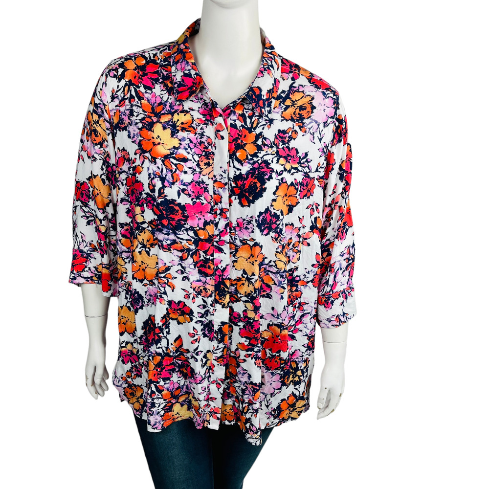 Womans Within Womans Sz 26/28 Blouse Pink Floral 3/4 Sleeve V Neck